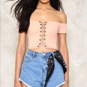 Nude Ribbed Lace Up Front Bardot Crop Top US 2